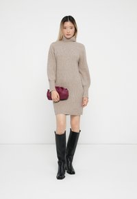 Abito lavorato a maglia beige con colletto alto, abbinato a una borsa bordeaux. Il modello indossa stivali neri aderenti fino al ginocchio. Sfondo bianco.