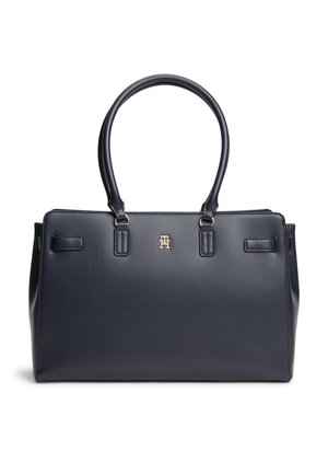 Borsa a mano rettangolare in pelle nera con doppi manici e piccolo logo metallico dorato centrato sotto i manici.