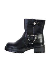 Black leather ankle boot with a round toe, chunky heel, decorative buckle, and strap with metal hardware detailing. Rubber sole for traction.