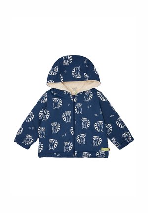 Giacca a zip con cappuccio di colore blu navy, caratterizzata da un motivo di procioni bianchi. Realizzata in un materiale morbido e caldo, con fodera in pile.