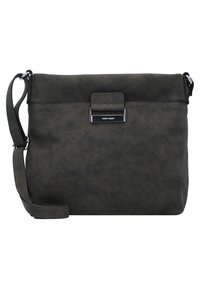 Crossbody-Tasche aus dunkelgrauem Wildleder in flacher rechteckiger Form, mit silbernem Beschlag und abnehmbarem Schultergurt. Mit magnetischem Verschluss.