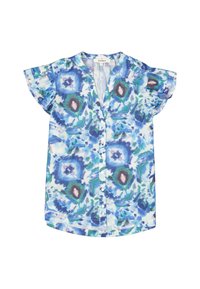 Camisa de botón de manga corta con un estampado floral abstracto en azul y verde, fabricada en tejido ligero y con escote en V. Con dobladillo redondeado.