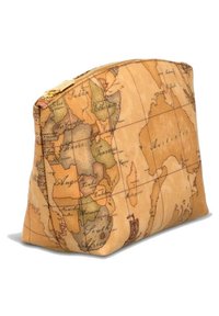 Pochette cosmetica con motivo mappa, realizzata in tessuto, con uno sfondo beige e dettagli della mappa del mondo stampati, e una zip dorata.