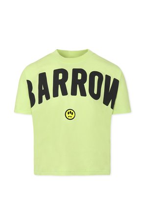 T-shirt verde lime a maniche corte con la scritta "BARROW" in lettere nere in grassetto e un'illustrazione di una faccina sorridente nera al centro. Materiale in cotone.