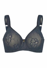 Marine kant bh met bloemenpatronen, doorzichtig materiaal, dunne gevoerde cups, verstelbare bandjes en een klein gouden decoratief element in het midden.