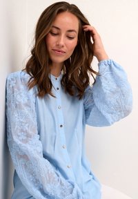 Light blue blouse with embroidered sheer sleeves, small gold buttons down the front, and gathered cuffs. Smooth fabric with floral patterns.