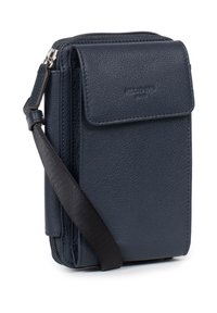 Borsa a tracolla in pelle blu navy con un comparto principale con zip, chiusura a patta e tracolla regolabile. Presenta una superficie testurizzata e un dettaglio con logo.