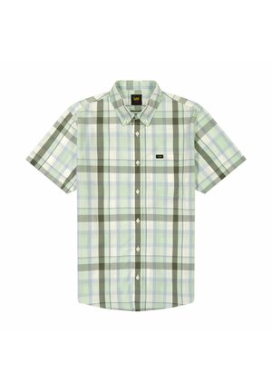 Koszula krótki rękaw w kratę z zielonymi, jasnoniebieskimi i białymi wzorami, z kołnierzykiem zapinanym na guziki oraz jedną kieszenią na piersi.