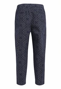 Navy pants with an intricate floral pattern in lighter shades. Elastic waistband, tapered legs, and two back pockets. Lightweight fabric.