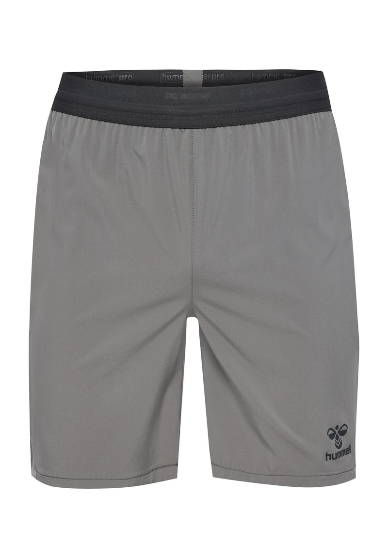 Pantalones cortos atléticos grises con una cintura elástica, textura suave y un logo negro en la parte inferior derecha. Diseñados para comodidad y movilidad.