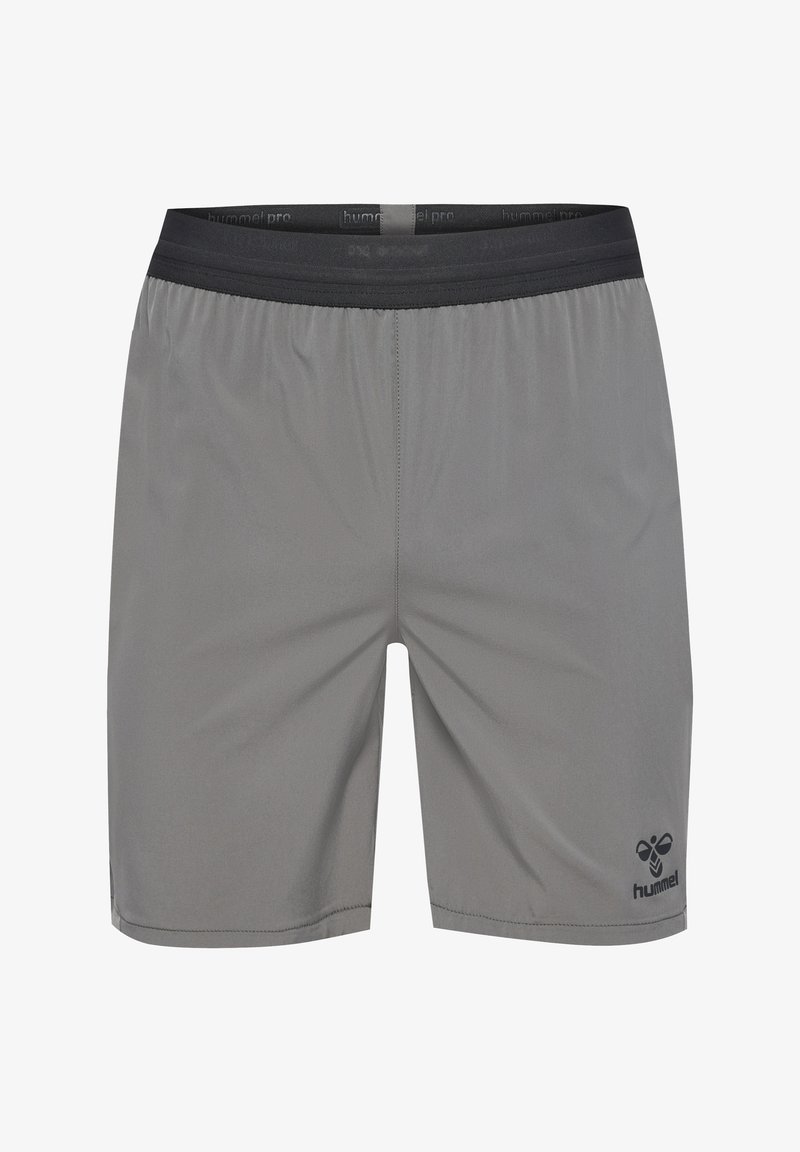 Pantalones cortos atléticos grises con una cintura elástica, textura suave y un logo negro en la parte inferior derecha. Diseñados para comodidad y movilidad.