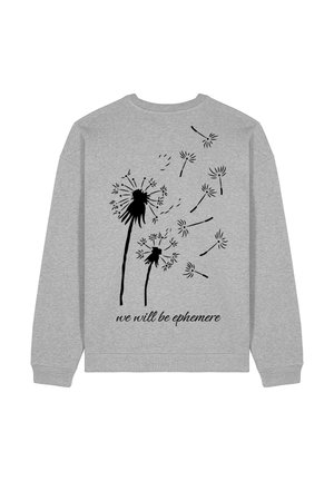 Grauer Kapuzenpullover mit einem schwarzen Löwenzahnprint und dem Text "wir werden ephemere sein." Das Design betont Einfachheit und von der Natur inspirierte Elemente.