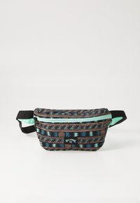 Sac banane avec un motif géométrique en bleu canard, noir et marron ; doté d'une fermeture éclair et d'une sangle ajustable.