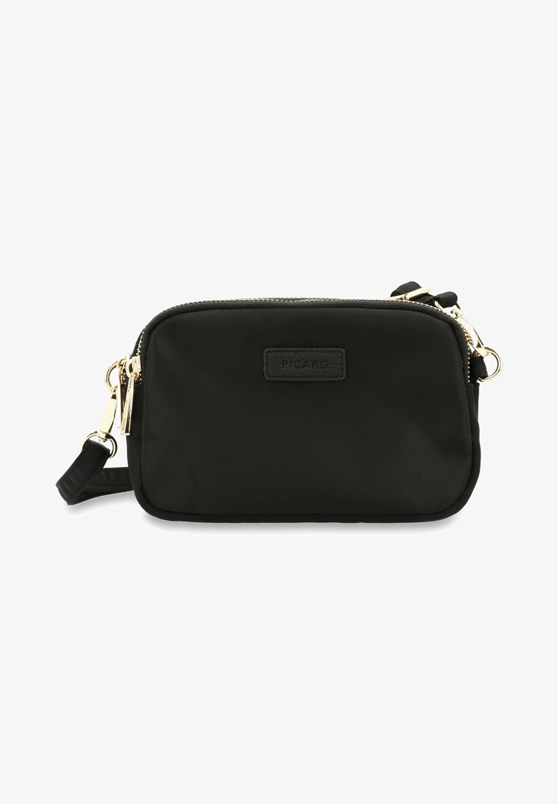 Borsa a tracolla in nylon nero con hardware dorato, chiusura con zip e tracolla regolabile. Presenta un piccolo logo impresso sulla parte anteriore.