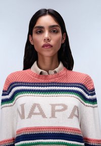 Multikleurige gebreide trui met roze, witte, blauwe en groene strepen, voorzien van een "NAPA" logo in beige, ronde halslijn en gestructureerde stof.