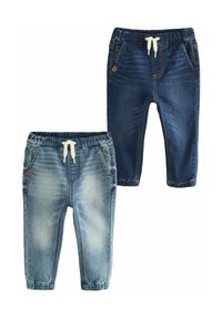 Pantalons de jogging en denim pour enfants, un bleu clair avec une texture délavée, un bleu foncé ; les deux ont des ceintures élastiques et des poches avant factices.