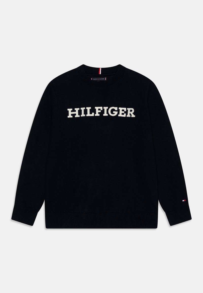 Maglione nero a maglia con scollatura tonda, con la scritta "HILFIGER" in beige sul davanti. Maniche e bordo inferiori a costine, piccolo logo tricolore sulla manica.