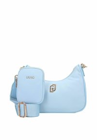 Lichtblauwe schoudertas van glad synthetisch materiaal, voorzien van een afneembaar mini tasje, gouden accenten en een logodetail.