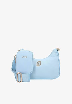 Hellblaue Schultertasche aus glattem synthetischem Material mit abnehmbarem Mini-Etui, goldfarbenen Beschlägen und Logodetail.