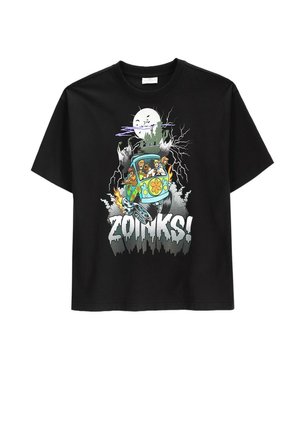 Czarna koszulka z kreskówkowym vanem przewożącym cztery postacie, pełnia księżyca, piorun i słowo "ZOINKS!" dużymi stylizowanymi literami poniżej.