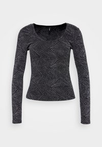 Zwarte langemouwen top met een gestructureerd patroon, voorzien van een ronde hals en een getailleerde pasvorm. Gemaakt van een rekbare stof met metallic accenten.