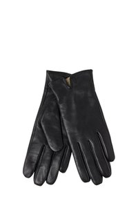 Black leather gloves featuring a smooth texture, a fitted design, and a notch at the wrist for ease of wear.