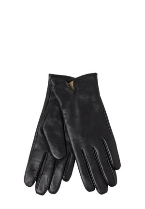 Black leather gloves featuring a smooth texture, a fitted design, and a notch at the wrist for ease of wear.