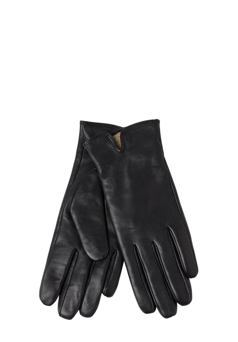 Black leather gloves featuring a smooth texture, a fitted design, and a notch at the wrist for ease of wear.