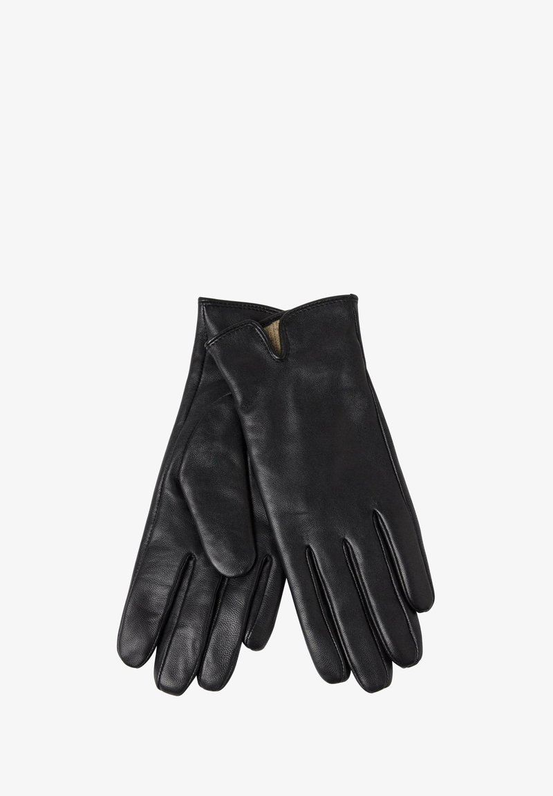 Gants en cuir noir avec une texture lisse, un design ajusté et une encoche au poignet pour un enfilage facile.