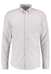 Jasnoszara koszula z długim rękawem, zapinana na guziki, wykonana z miękkiego materiału. Posiada kołnierzyk, kieszeń na piersi oraz białe guziki na przodzie.