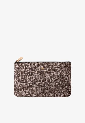 Black zippered pouch with a textured pattern in beige and light brown dots. Features a gold logo accent and smooth material finish.