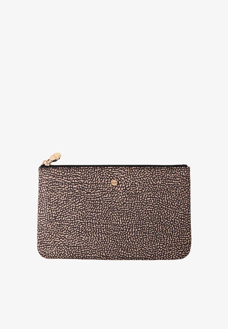Astuccio nero con zip, caratterizzato da un motivo testurizzato con punti beige e marrone chiaro. Presenta un accento del logo dorato e una finitura di materiale liscia.