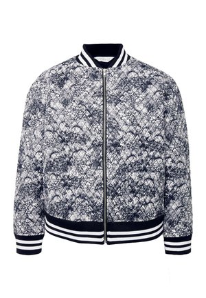 Quilted Bomberjacke in Marineblau und Weiß, mit durchgehendem Reißverschluss, gerippten Bündchen und Saum sowie gestreiften Akzenten. Strukturiertes Blumenmuster im gesamten Design.