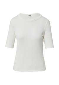 T-shirt blanc à manches courtes côtelé avec un col rond et une silhouette ajustée. Fabriqué en tissu doux, affichant une texture lisse.