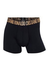 Svarta boxerbriefs av ett slätt, stretchigt tyg. Har en guldig elastisk midjeresår med texten "Cristiano Ronaldo" tryckt på. Inga synliga mönster.