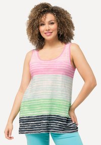 Canotta leggera senza maniche con righe orizzontali in rosa, verde e blu navy. Collo rotondo con un taglio rilassato e una texture morbida.