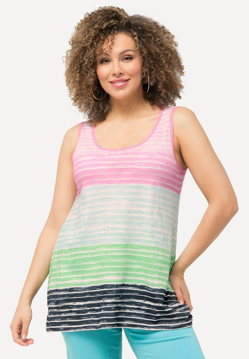 Canotta leggera senza maniche con righe orizzontali in rosa, verde e blu navy. Collo rotondo con un taglio rilassato e una texture morbida.