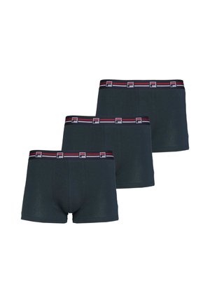 Trois boxers pour hommes gris foncé avec des ceintures rayées noires, rouges et blanches arborant un logo "F" répété.