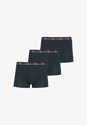 Trois boxers pour hommes gris foncé avec des ceintures rayées noires, rouges et blanches arborant un logo "F" répété.