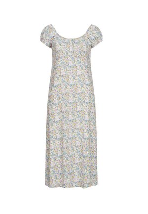 Robe longue à fleurs avec des manches courtes à volants et un col froncé, ornée de fleurs jaunes pastel, bleues et lavande sur fond blanc.