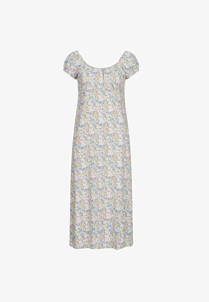 Robe longue à fleurs avec des manches courtes à volants et un col froncé, ornée de fleurs jaunes pastel, bleues et lavande sur fond blanc.