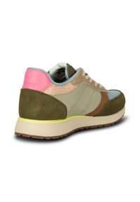 Multicolored sneaker featuring olive green suede, pink leather heel, light blue accents, and a textured snake pattern. Lightweight sole.