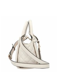 Kleine gewatteerde handtas in lichtbeige met een glanzende afwerking. Voorzien van dubbele handvaten aan de bovenkant en een afneembare schouderriem, omlijnd in zwart.