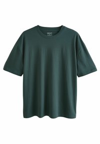 Tricou scurt cu mânecă scurtă, de culoare verde închis, din bumbac, cu guler rotund și o croială relaxată. Textură netedă, fără modele vizibile.