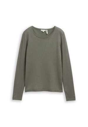 Długi rękaw, oliwkowozielony top wykonany z gładkiej tkaniny, z zaokrąglonym dekoltem i luźnym krojem. Prosty design bez wzorów i ozdób.