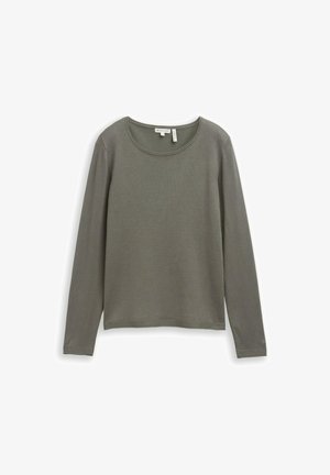 Haut à manches longues couleur vert olive, en tissu lisse, avec un col arrondi et une coupe décontractée. Design simple sans motifs ni accents.