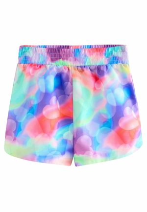 Farverige shorts med en blød elastisk talje med et levende, sløret mønster af pastelfarvede hjerter i blå, pink, lilla og grønne nuancer.