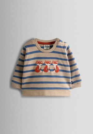 Langærmet skjorte med beige og blå striber, med tre broderede ræve på fronten og trykknapper på skulderen for nem påklædning.