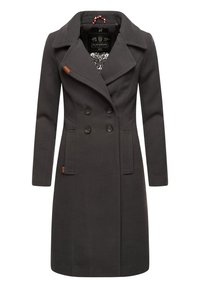 Ciemnoszary wełniany płaszcz z dwurzędowym zapięciem, dużymi klapami, dwiema przednimi kieszeniami oraz wzorzystą podszewką wewnętrzną. Skórzany akcent przy dolnym brzegu.