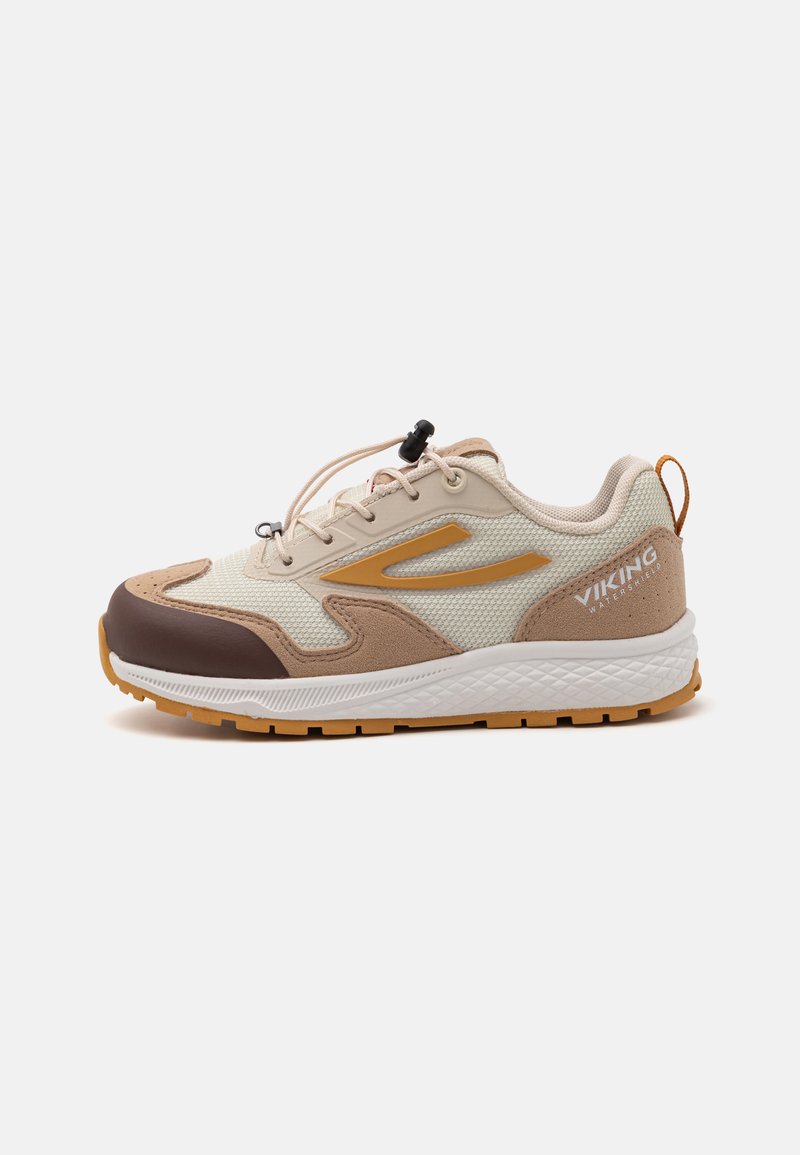 Beige and brown athletic shoe with mesh upper, suede accents, elastic laces, and a textured rubber sole. "VIKING" logo on heel.